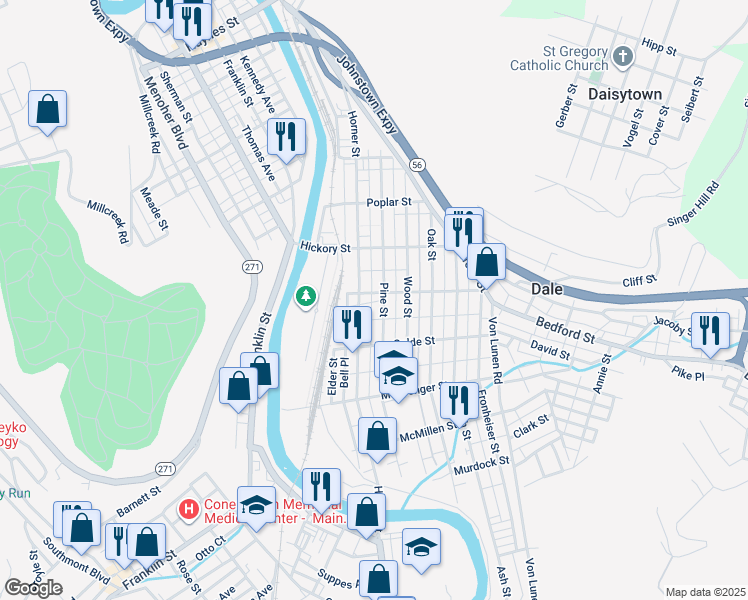 map of restaurants, bars, coffee shops, grocery stores, and more near 110R Cedar Street in Johnstown
