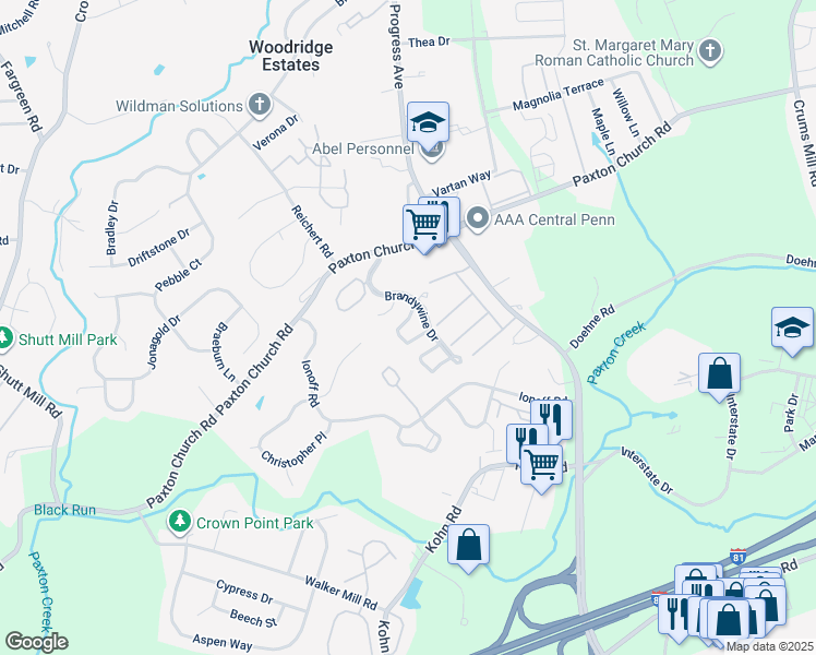 map of restaurants, bars, coffee shops, grocery stores, and more near 2224 Concord Circle in Harrisburg