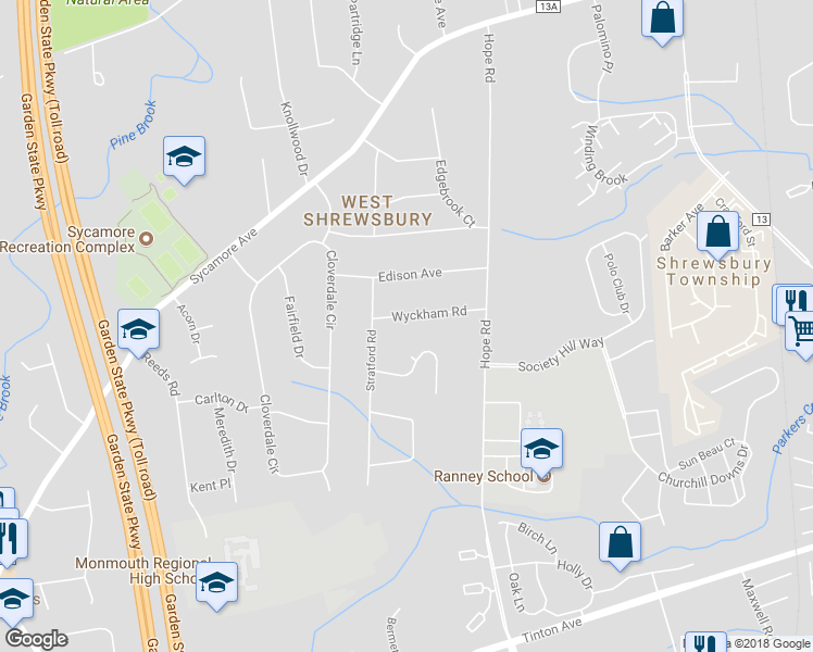 map of restaurants, bars, coffee shops, grocery stores, and more near 44 Wyckham Road in Tinton Falls