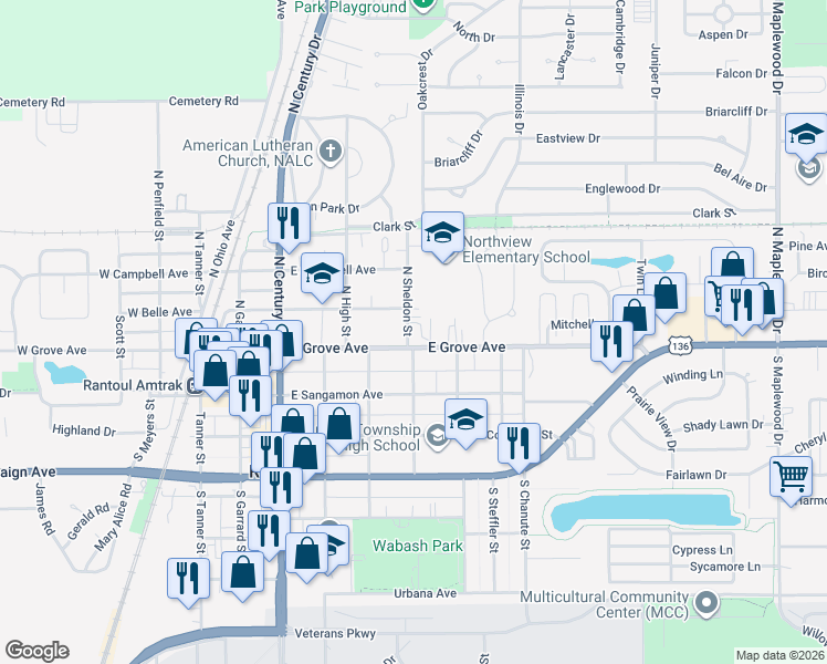 map of restaurants, bars, coffee shops, grocery stores, and more near 204 North Sheldon Street in Rantoul