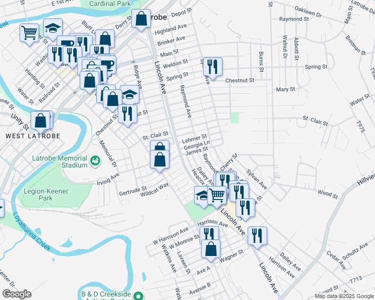 map of restaurants, bars, coffee shops, grocery stores, and more near 604 James Street in Latrobe