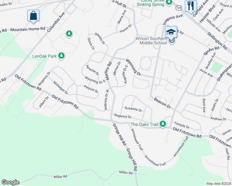 map of restaurants, bars, coffee shops, grocery stores, and more near 499 Martins Road in Sinking Spring