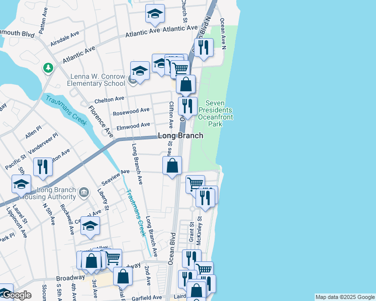 map of restaurants, bars, coffee shops, grocery stores, and more near 200 Ocean Boulevard in Long Branch