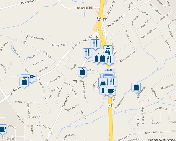 map of restaurants, bars, coffee shops, grocery stores, and more near 434 Hampton Court in Manalapan Township