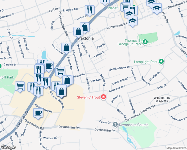 map of restaurants, bars, coffee shops, grocery stores, and more near 224 Beaver Road in Harrisburg
