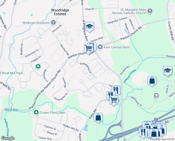 map of restaurants, bars, coffee shops, grocery stores, and more near 2228 Concord Circle in Harrisburg