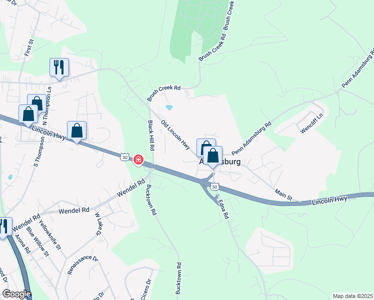 map of restaurants, bars, coffee shops, grocery stores, and more near 221 Main Street in Adamsburg