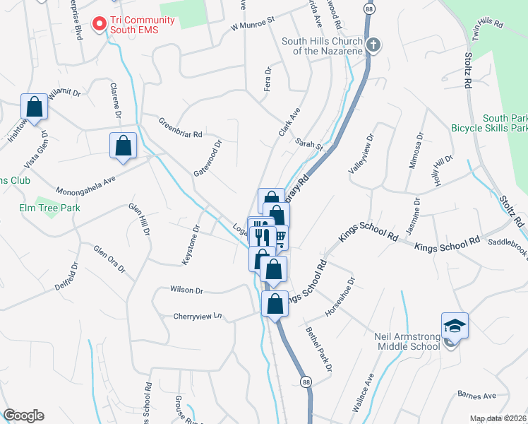map of restaurants, bars, coffee shops, grocery stores, and more near 5783 Clark Avenue in Bethel Park