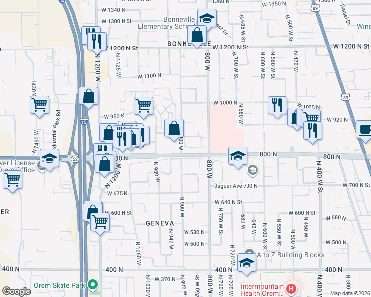 map of restaurants, bars, coffee shops, grocery stores, and more near 885 West 830 North Street in Orem
