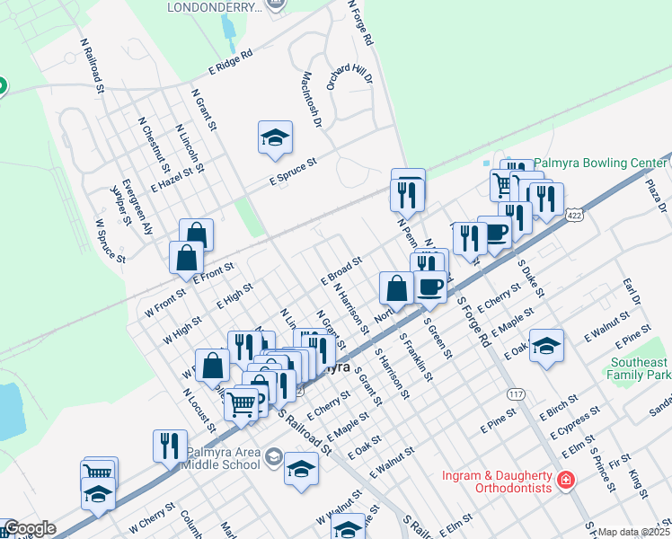 map of restaurants, bars, coffee shops, grocery stores, and more near 204 North Harrison Street in Palmyra