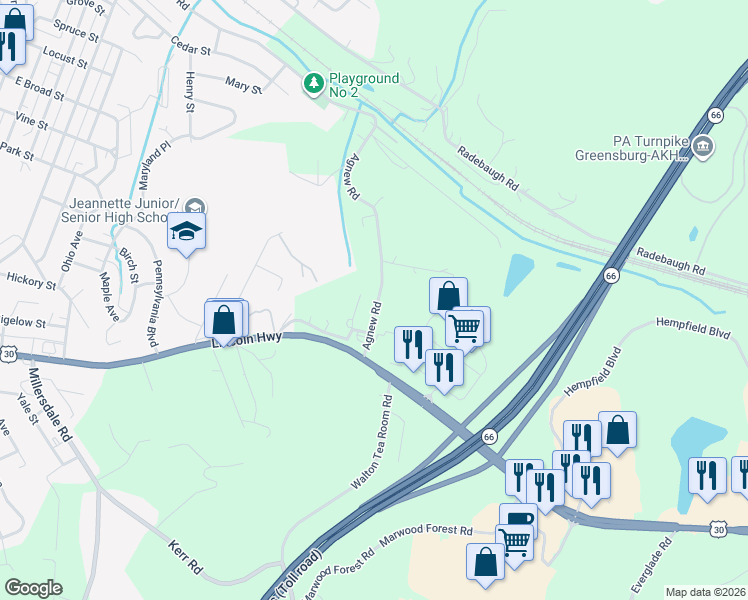 map of restaurants, bars, coffee shops, grocery stores, and more near 555 Agnew Road in Greensburg