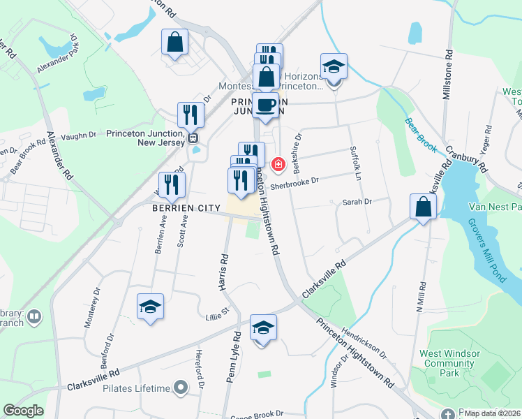 map of restaurants, bars, coffee shops, grocery stores, and more near 72 Princeton Hightstown Road in West Windsor Township