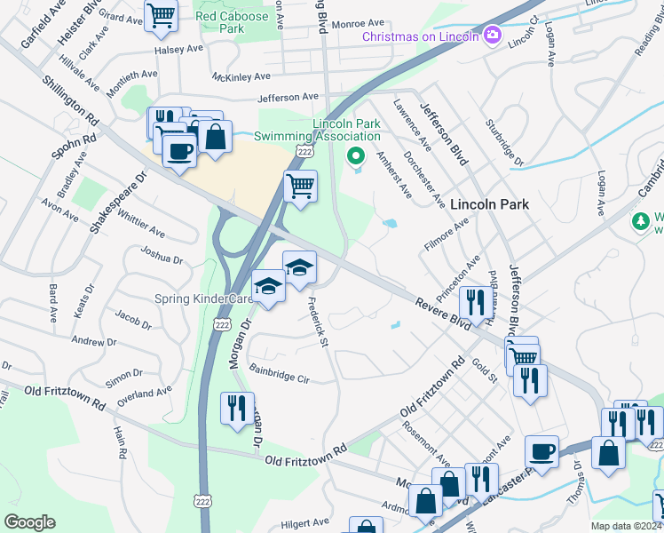 map of restaurants, bars, coffee shops, grocery stores, and more near 104 Morgan Drive in Sinking Spring