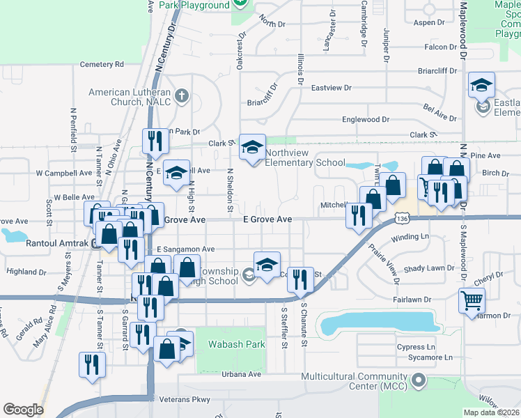 map of restaurants, bars, coffee shops, grocery stores, and more near 631 East Grove Avenue in Rantoul