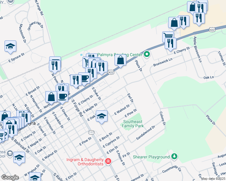 map of restaurants, bars, coffee shops, grocery stores, and more near 959 East Maple Street in Palmyra