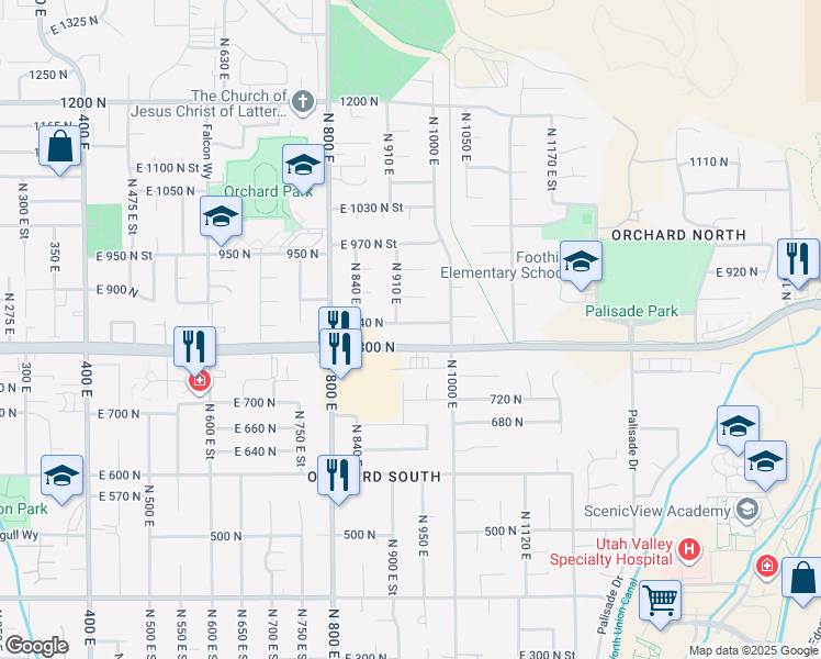 map of restaurants, bars, coffee shops, grocery stores, and more near 932 East 840 North Street in Orem