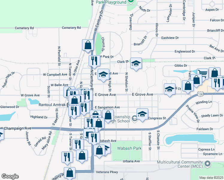 map of restaurants, bars, coffee shops, grocery stores, and more near 340 East Belle Avenue in Rantoul