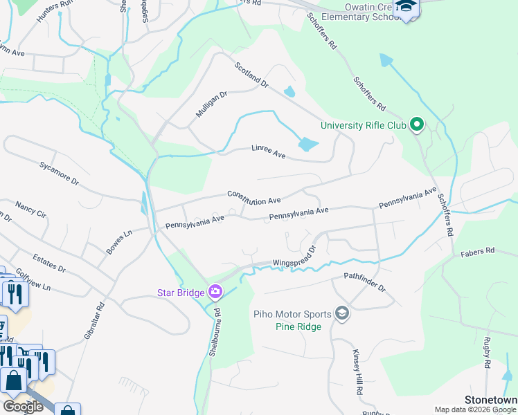map of restaurants, bars, coffee shops, grocery stores, and more near 223 Constitution Avenue in Reading