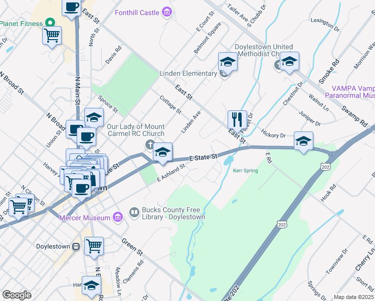 map of restaurants, bars, coffee shops, grocery stores, and more near 353 East State Street in Doylestown