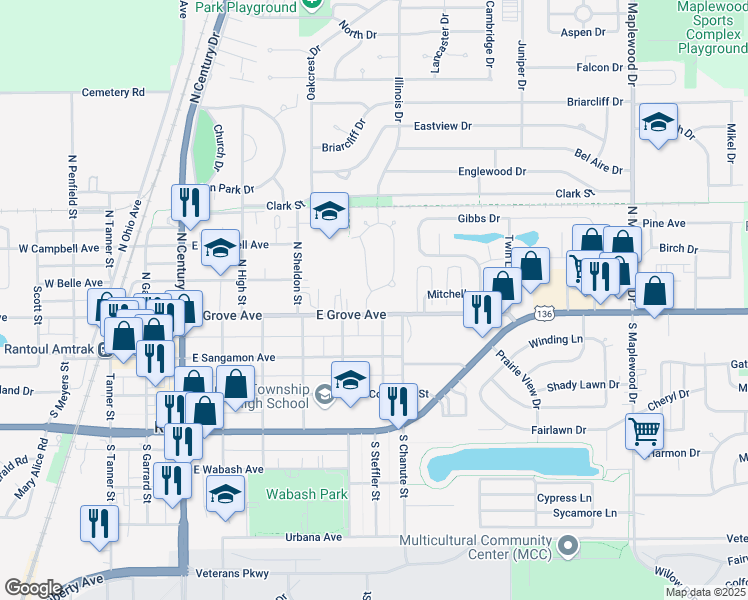 map of restaurants, bars, coffee shops, grocery stores, and more near 204 Illinois Drive in Rantoul