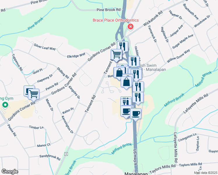 map of restaurants, bars, coffee shops, grocery stores, and more near 205 Paddington Court in Englishtown