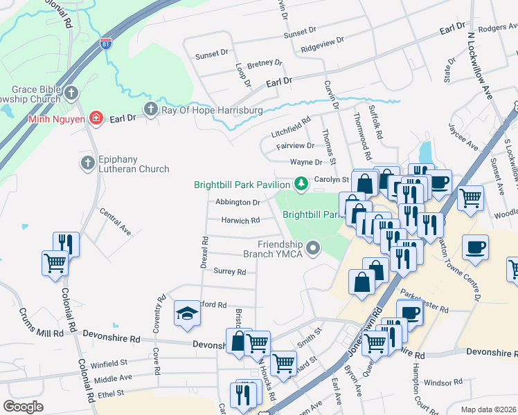 map of restaurants, bars, coffee shops, grocery stores, and more near 4621 Abbington Dr in Harrisburg