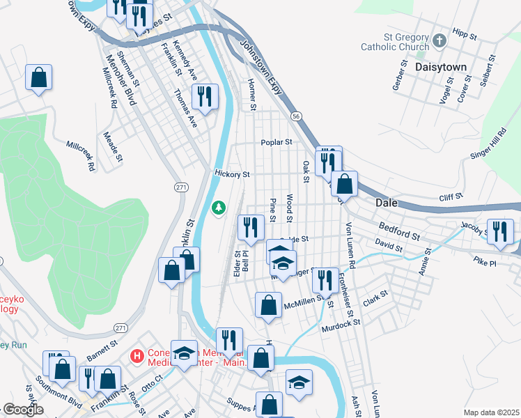 map of restaurants, bars, coffee shops, grocery stores, and more near 503 Horner Street in Johnstown
