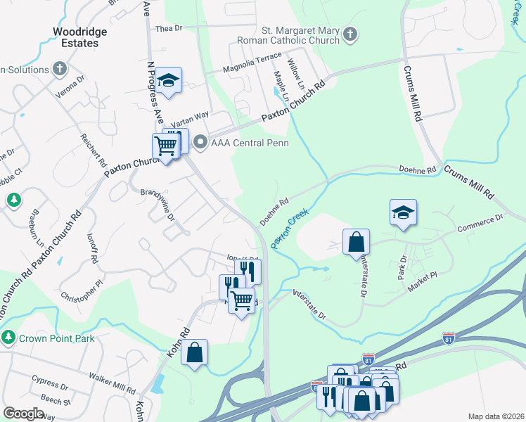 map of restaurants, bars, coffee shops, grocery stores, and more near 2500 Doehne Road in Harrisburg