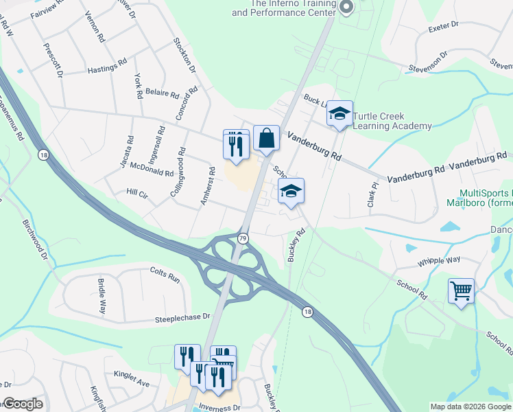 map of restaurants, bars, coffee shops, grocery stores, and more near 11 South Main Street in Marlboro Township