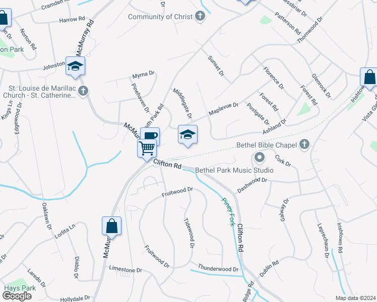 map of restaurants, bars, coffee shops, grocery stores, and more near 515 Clifton Road in Bethel Park