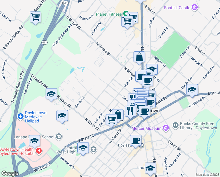 map of restaurants, bars, coffee shops, grocery stores, and more near 202 Harvey Avenue in Doylestown