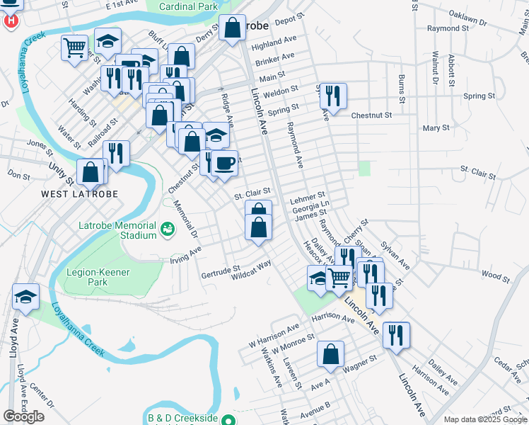 map of restaurants, bars, coffee shops, grocery stores, and more near 409 Lehmer Street in Latrobe
