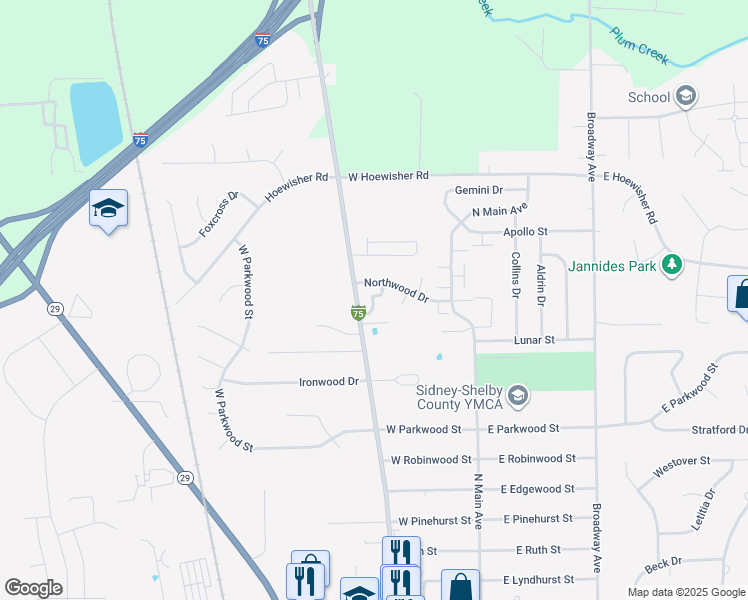 map of restaurants, bars, coffee shops, grocery stores, and more near 2360 Wapakoneta Avenue in Sidney