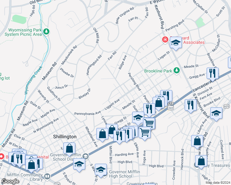 map of restaurants, bars, coffee shops, grocery stores, and more near 409 Hill Circle in Reading