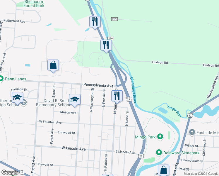 map of restaurants, bars, coffee shops, grocery stores, and more near 19 Pennsylvania Avenue in Delaware