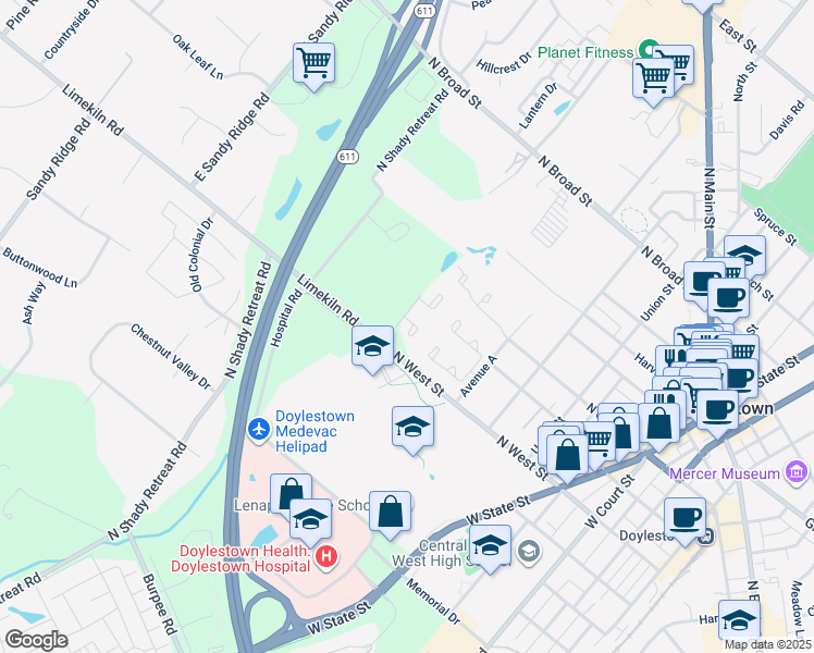 map of restaurants, bars, coffee shops, grocery stores, and more near 414 Henley Court in Doylestown
