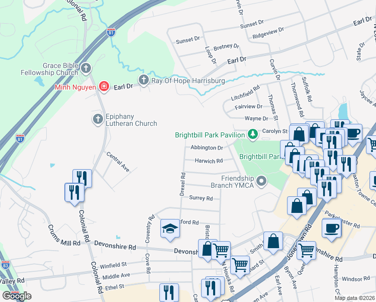 map of restaurants, bars, coffee shops, grocery stores, and more near 703 Drexel Rd in Harrisburg