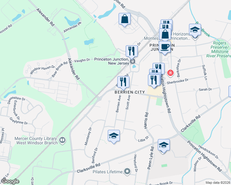 map of restaurants, bars, coffee shops, grocery stores, and more near 936 Alexander Road in West Windsor Township