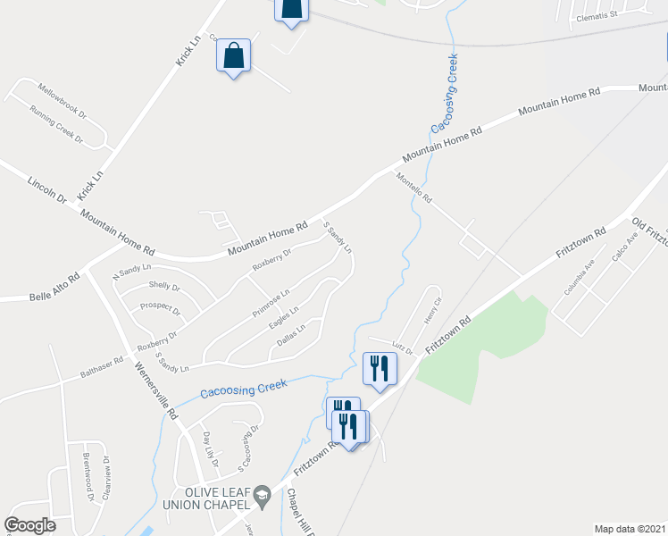 map of restaurants, bars, coffee shops, grocery stores, and more near 3 Eagles Lane in Sinking Spring