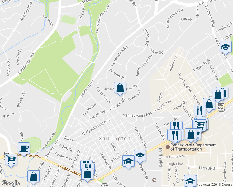map of restaurants, bars, coffee shops, grocery stores, and more near 3 Bobolink Drive in Wyomissing