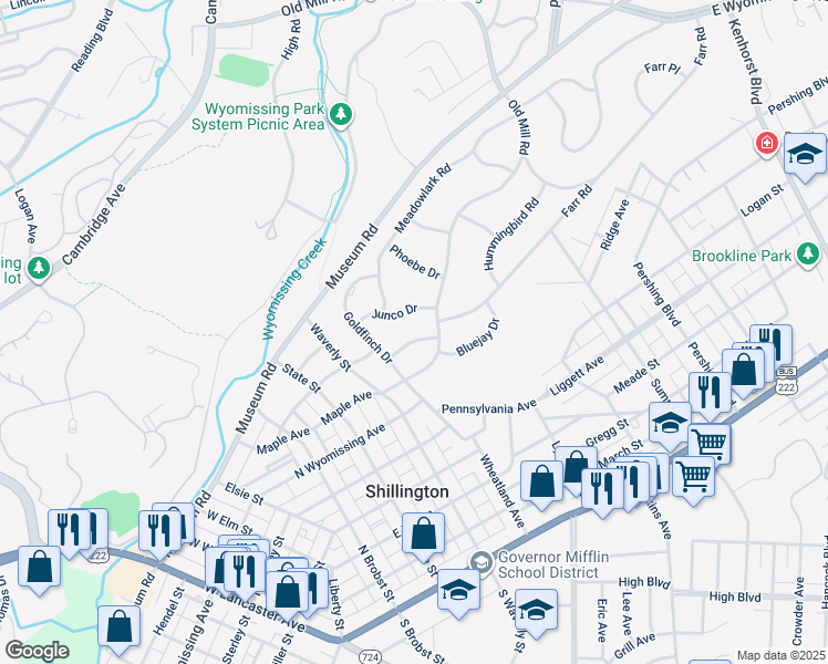map of restaurants, bars, coffee shops, grocery stores, and more near 3 Bobolink Drive in Wyomissing