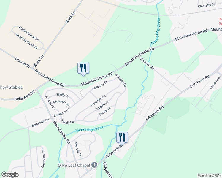 map of restaurants, bars, coffee shops, grocery stores, and more near 11 Primrose Lane in Sinking Spring