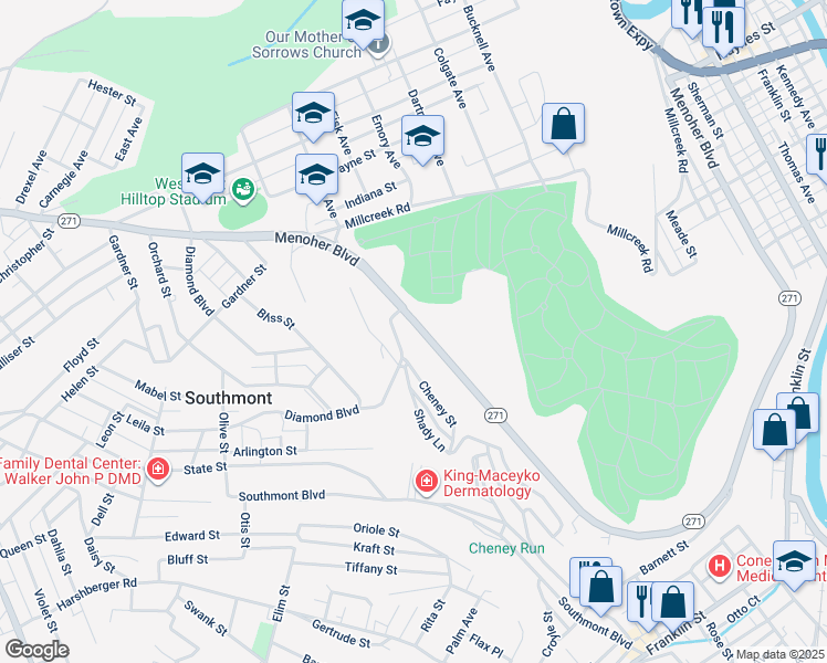 map of restaurants, bars, coffee shops, grocery stores, and more near 937 Menoher Boulevard in Johnstown
