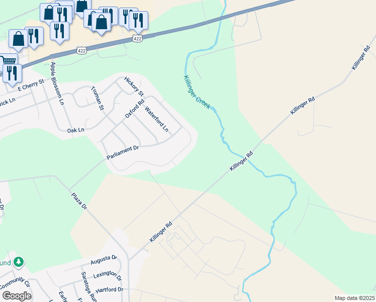 map of restaurants, bars, coffee shops, grocery stores, and more near 84 Oxford Road in Annville