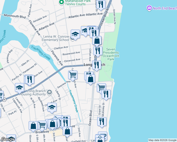 map of restaurants, bars, coffee shops, grocery stores, and more near 105 Sampson Place in Long Branch