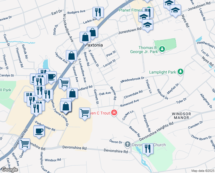 map of restaurants, bars, coffee shops, grocery stores, and more near 224 Beaver Road in Harrisburg