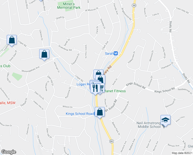 map of restaurants, bars, coffee shops, grocery stores, and more near 1209 Logan Road in Bethel Park