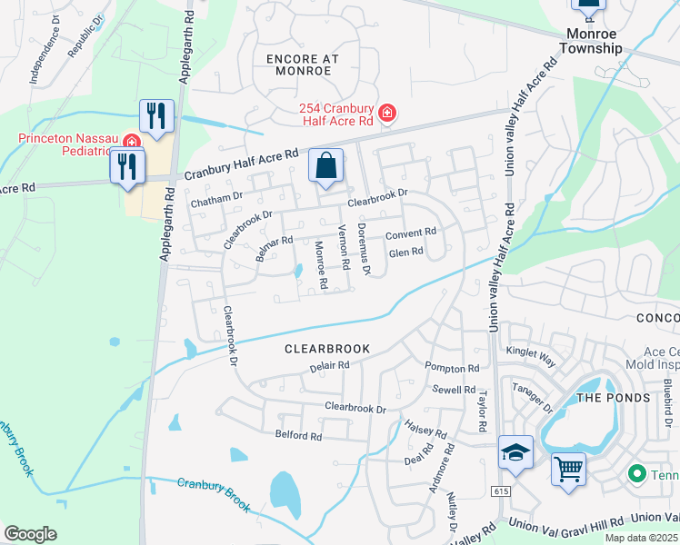 map of restaurants, bars, coffee shops, grocery stores, and more near 286A Tabor Road in Monroe Township