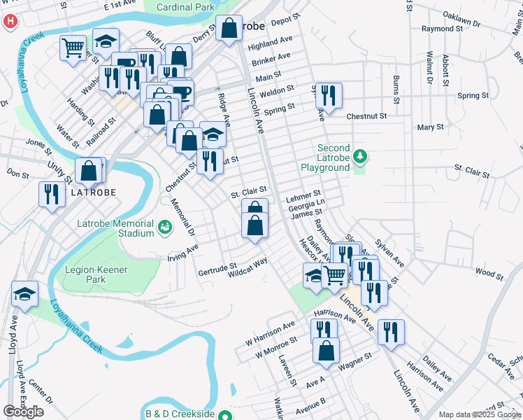 map of restaurants, bars, coffee shops, grocery stores, and more near 409 Lehmer Street in Latrobe