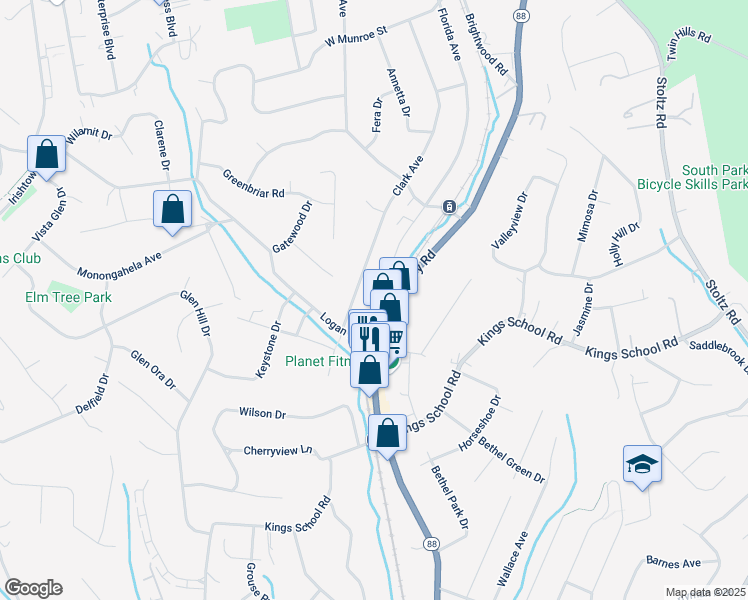 map of restaurants, bars, coffee shops, grocery stores, and more near 5761 Library Road in Bethel Park